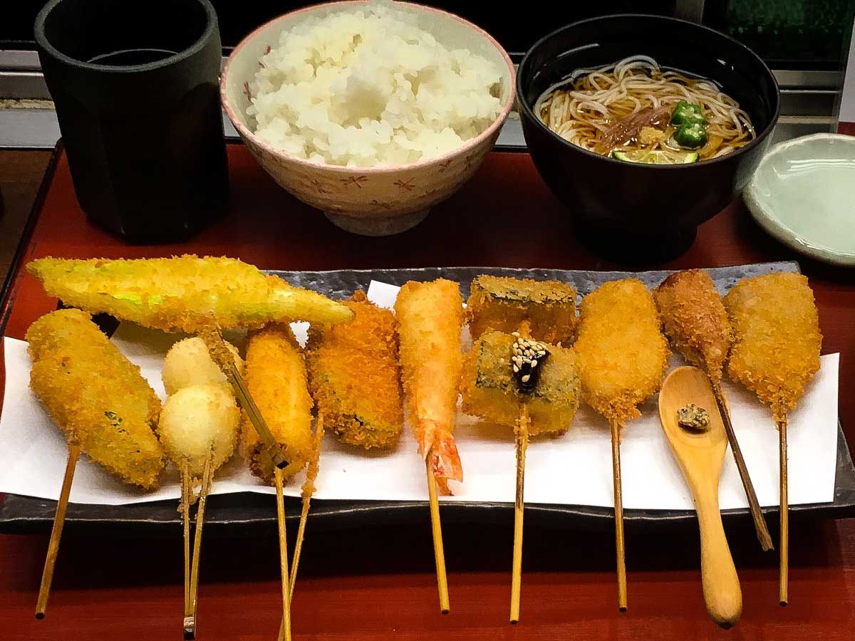 Skewers of Kushikatsu - deep fried meat, seafood or vegetable.