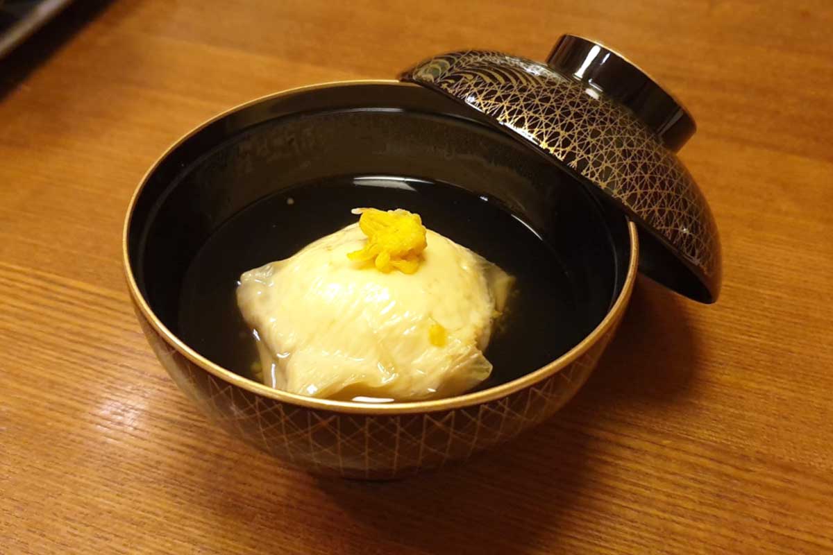authentic japanese dishes like Scallop dumpling with Yuba, or tofu skin are often served in a bowl